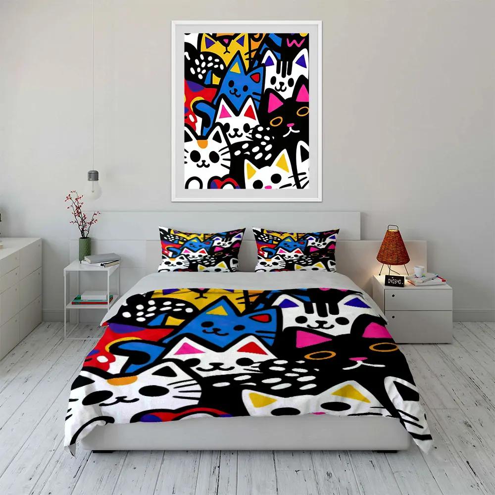 Colorful Cat Art Decor Set Soft Comfortable Duvet Cover Bedding Set Included 1*Duvet Cover & 2*Pillowcases gift