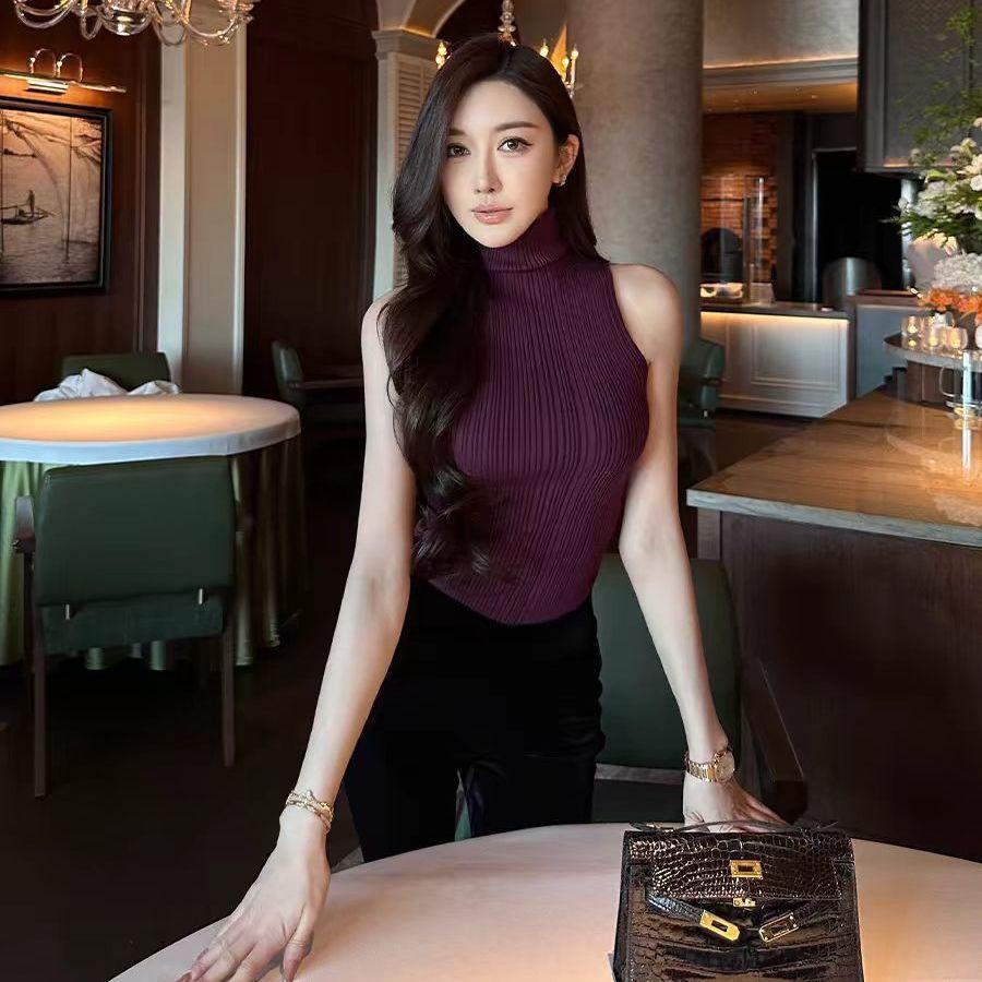 

Женский облегающий свитер с высоким воротником, эластичный жилет без рукавов, вязаный свитер, сексуальный темперамент, прилегающая подкладка, топ M фиолетовый