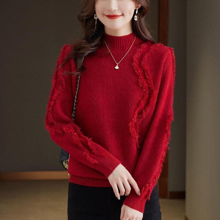 Half Turtleneck Sweater for Women Solid Color Tassel Pullover Fashionable and Casual Loose Knitted Sweater for Women In Autumn and Winter