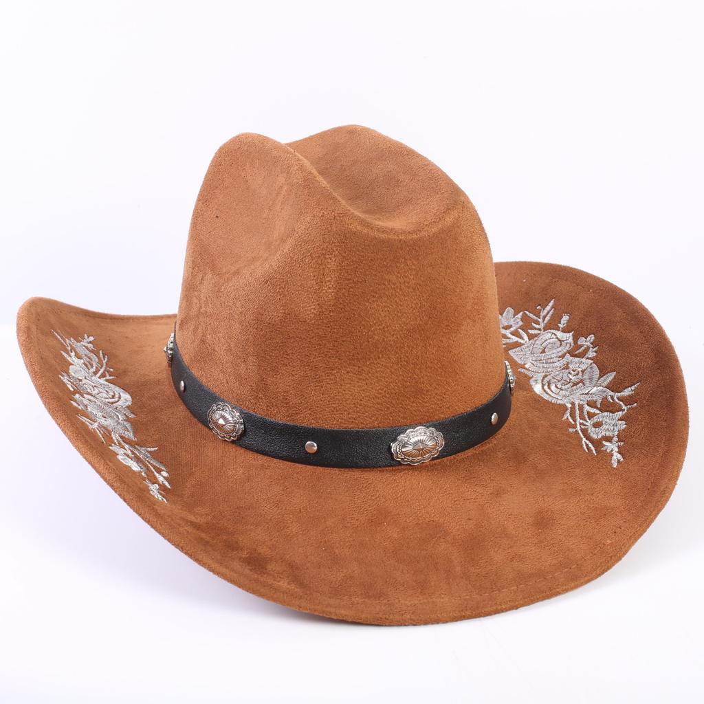 Beliebter europäischer und amerikanischer klassischer Wildleder Western Cowboyhut für Herren und Damen, großer Schirm, bestickt, Outdoor-Sonnenhut
