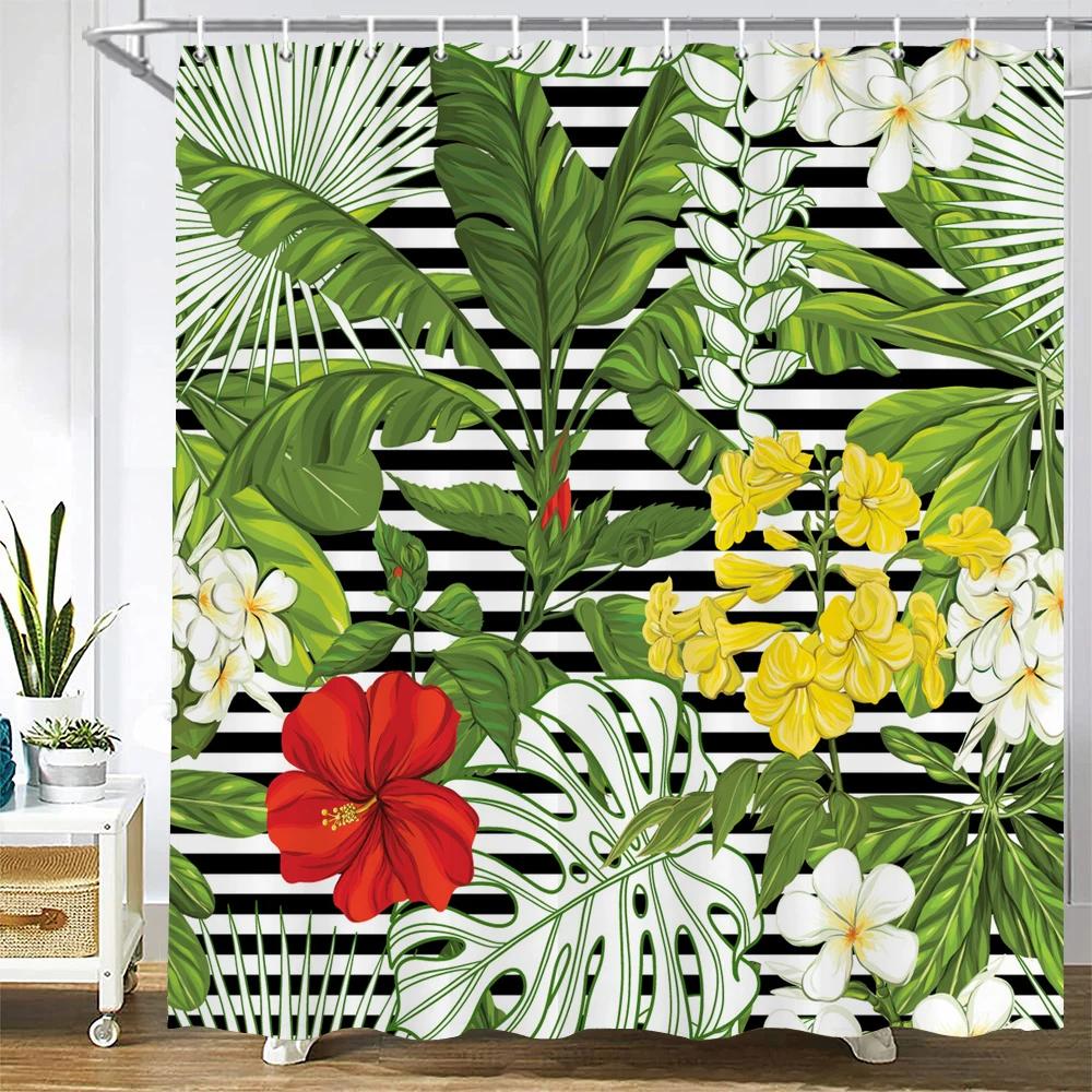 Tropikalny Zielony Liść Rośliny Palma Zasłony Prysznicowe Zasłona Łazienkowa Frabic Wodoodporny Poliester Zasłona Łazienkowa z Haczykami