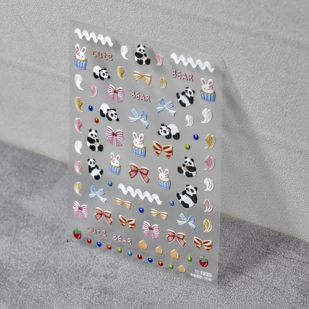 Cute Litter Bear Bowknot 5D Soft Embossed Reliefs Self Adhesive Nail Art Stickers Retro Black White Lace 3D Manicure Decals