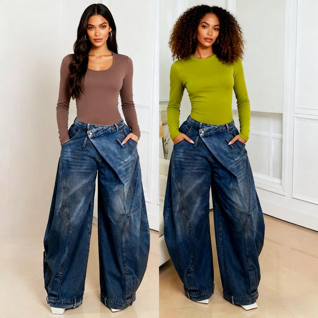 Wide Leg Pants Women Vintage Denim Jeans Punk Style Loose Trousers Stretch Mid Waist Washed Distressed