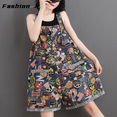Große Größe Sommerkleid Bedruckte Denim-Overalls Fünf-Punkt-Hosen Hohe Taille Dünne, lose, dünne Shorts mit weitem Bein Damen