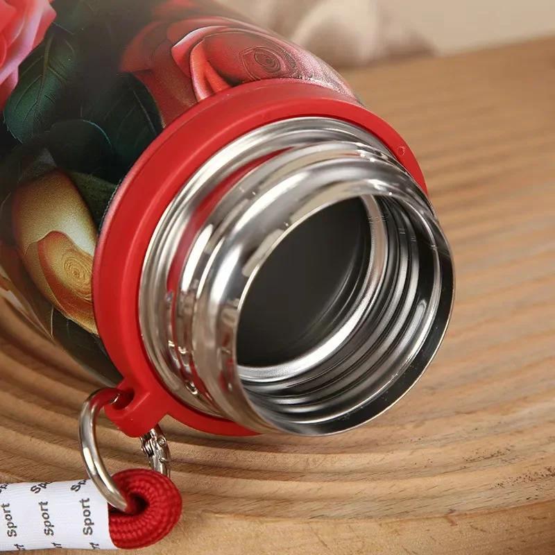 Retro and Bustling High-value Insulated Cup with Creative Rose Pattern Double-layer Water Cup Car Portable Drawstring Stew Cup