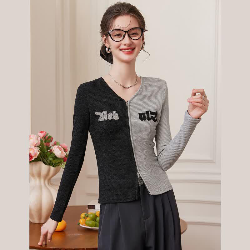 Bailuyu Women s Letter Embroidered Contrast V-Neck Zipper Cardigan S