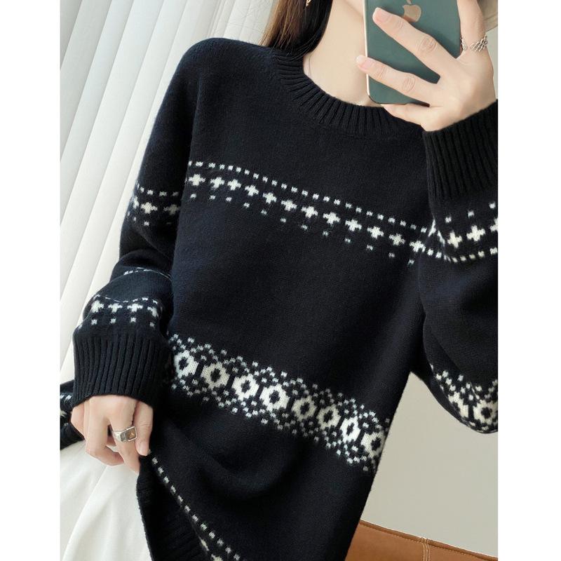 Mall-Stil Dicker Reiner Wollpullover für Damen - 100% Wolle Locker Gestrickt Vielseitiges Oberteil