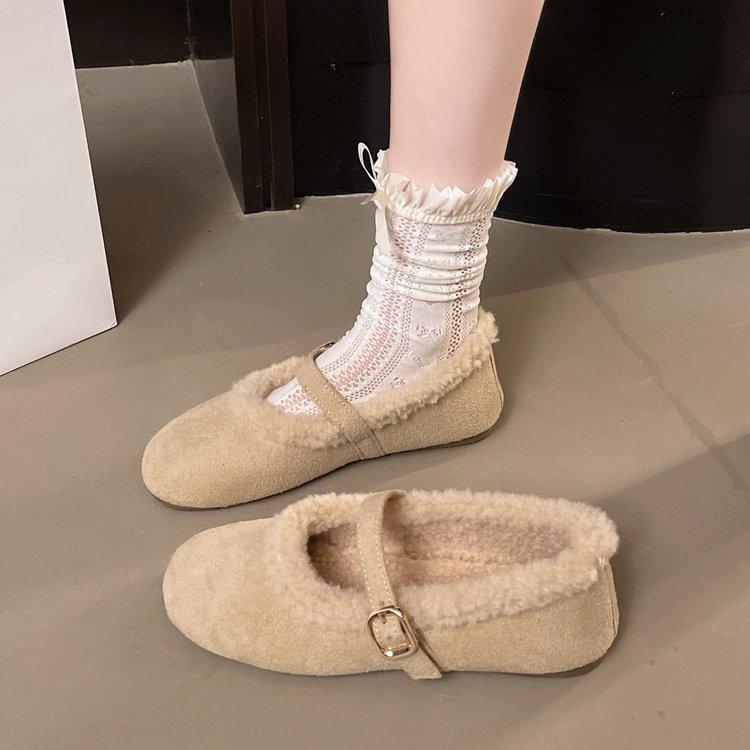 Niche Autumn and Winter Retro Fluffy Shoes Women's Flat-bottomed One-pedal Velvet Thermal Bag Head Single Shoes Go Out Comfortable Cotton Boots