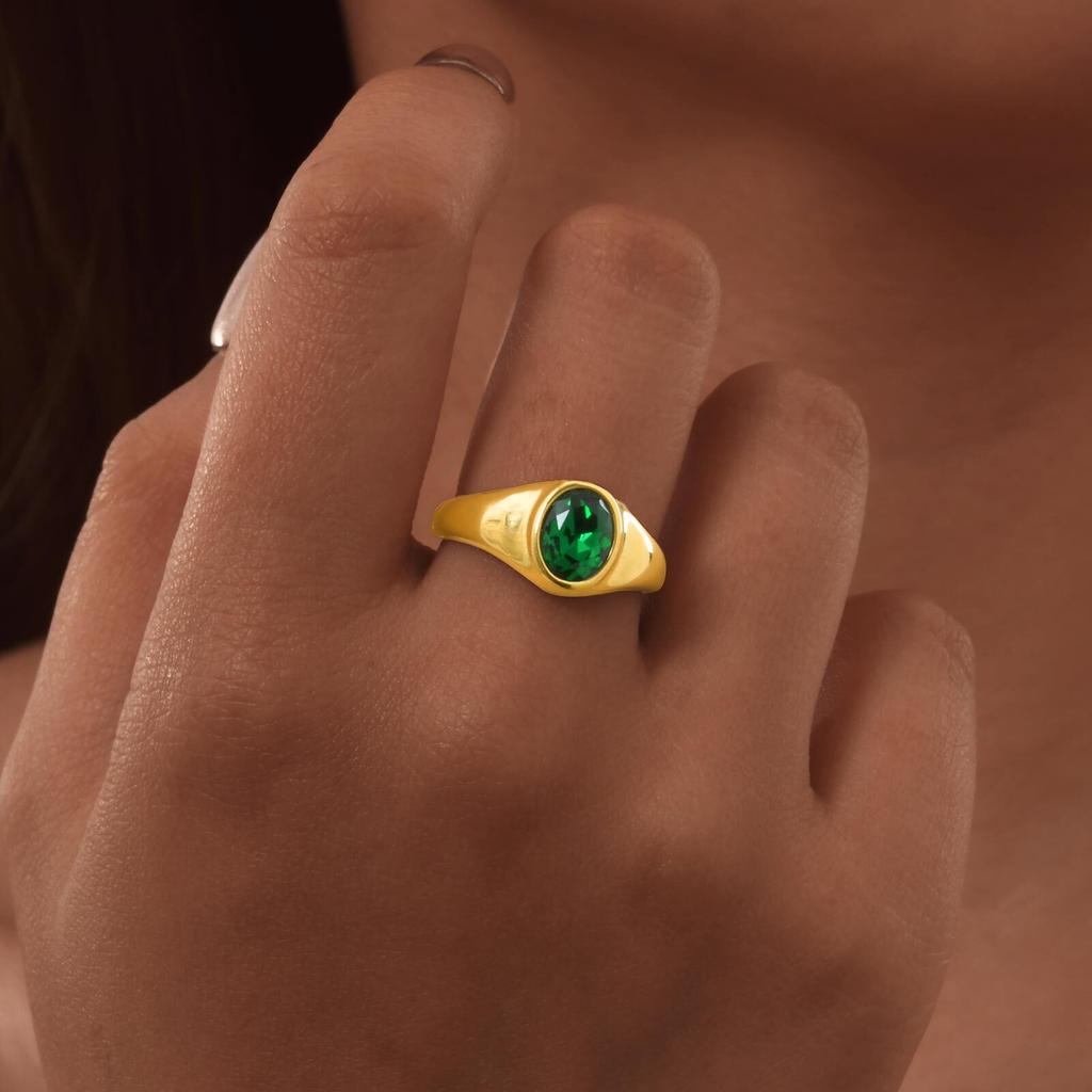 Colorful Zircon Seal Ring For Women, 316L Stainless Steel Green Black Blue Red White CZ Rings, Gold Plated Engagement Jewelry