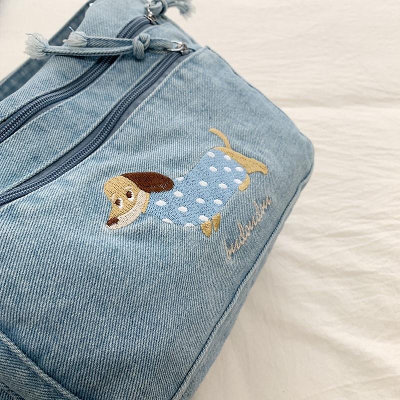 Denim Vintage Shoulder Bag Women Embroidered Cat Crossbody Bag