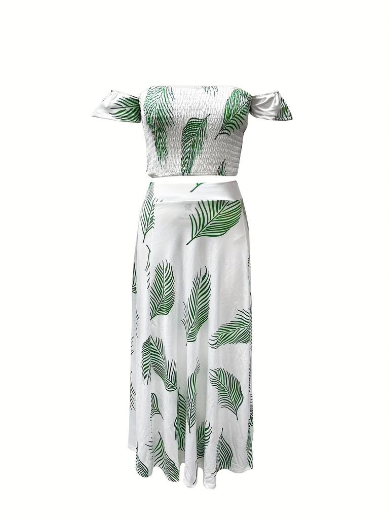 2024 European & American Summer Slim-Fit Strapless Bohemian Mid-Length Vintage Print Dress Set