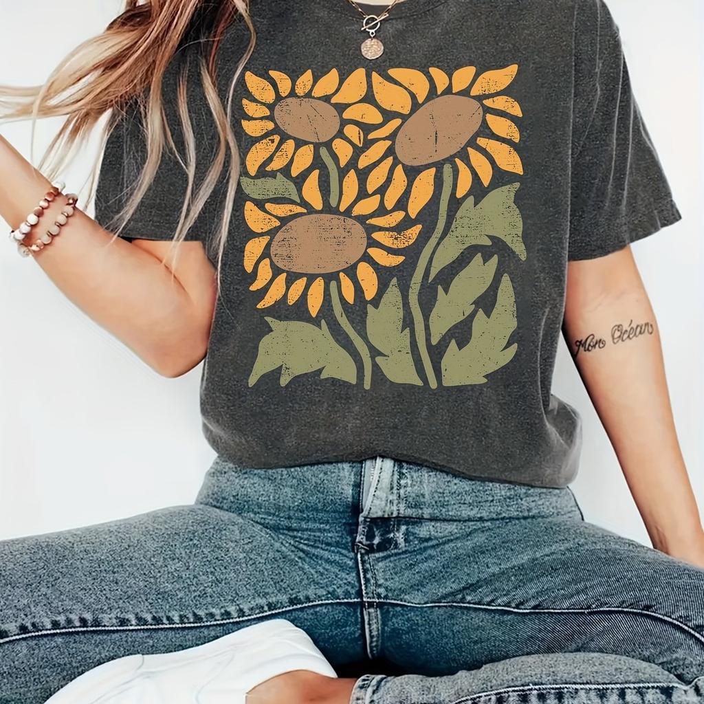 2026 Sommer Retro Damen Bohemian Stil Blumenprint T-Shirt Unisex Baumwolle und Atmungsaktiv Kurzarm Oversized Locker Lässig
