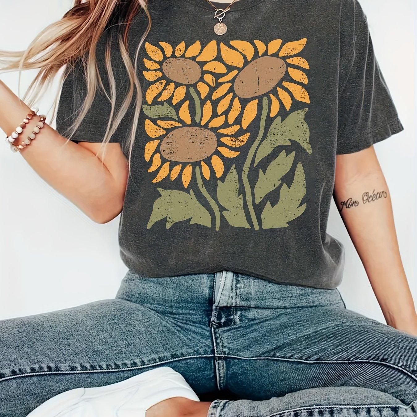 

2026 Summer Retro Womens Bohemian Style Flower Print TShirt Unisex Cotton and Breathable Short Sleeve Oversized Loose Casual S