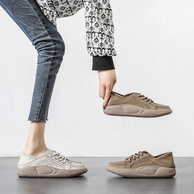 Perforated Breathable Sneaker Sandals for Women, White Sneakers, Summer Thin Lace-up with Sponge Soles, Casual Shoes