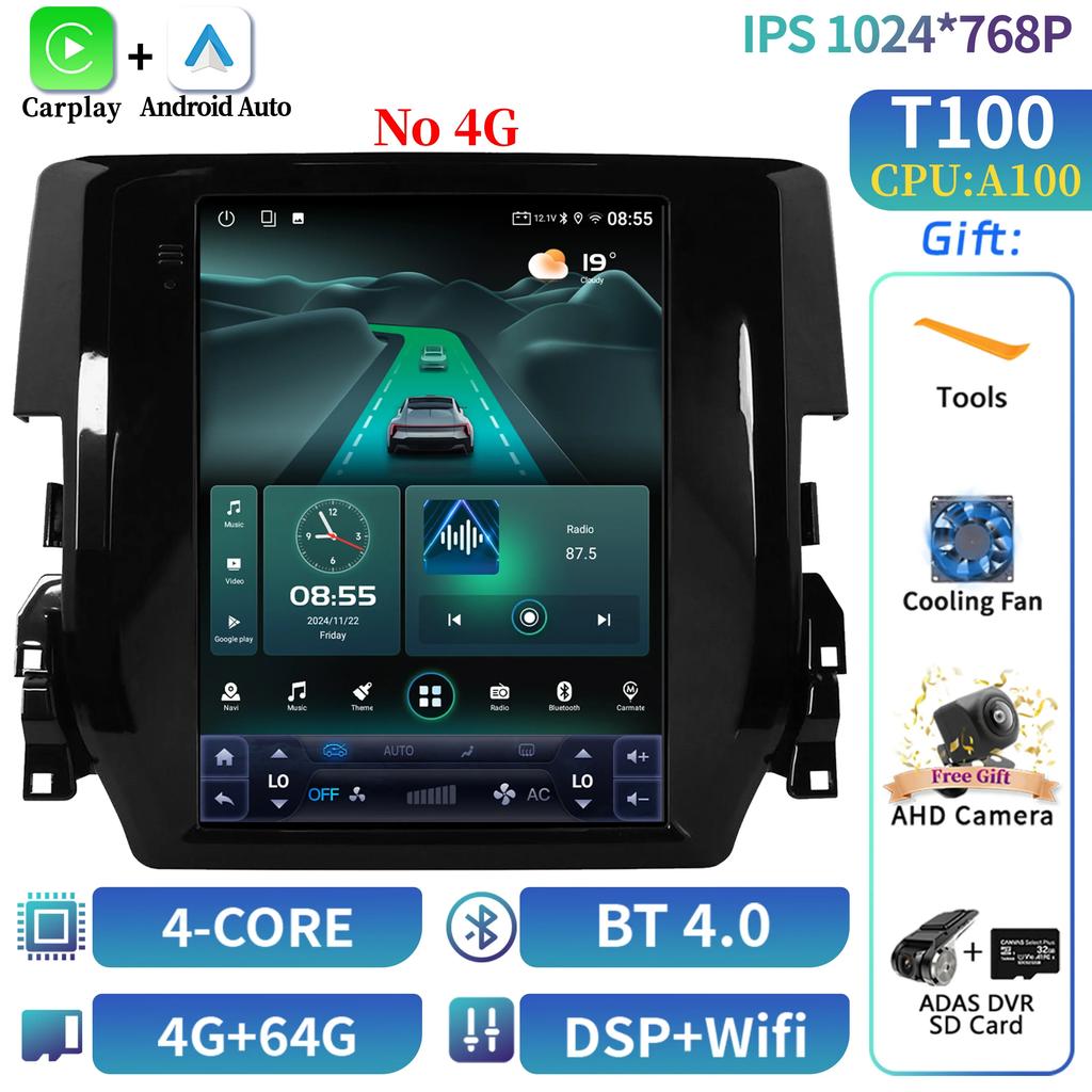 9.7inch For European Left Rudder Honda Civic 2016-2018 Car Radio Android Multimedia Navigation CarPlay 4G GPS Screen Stereo GPS