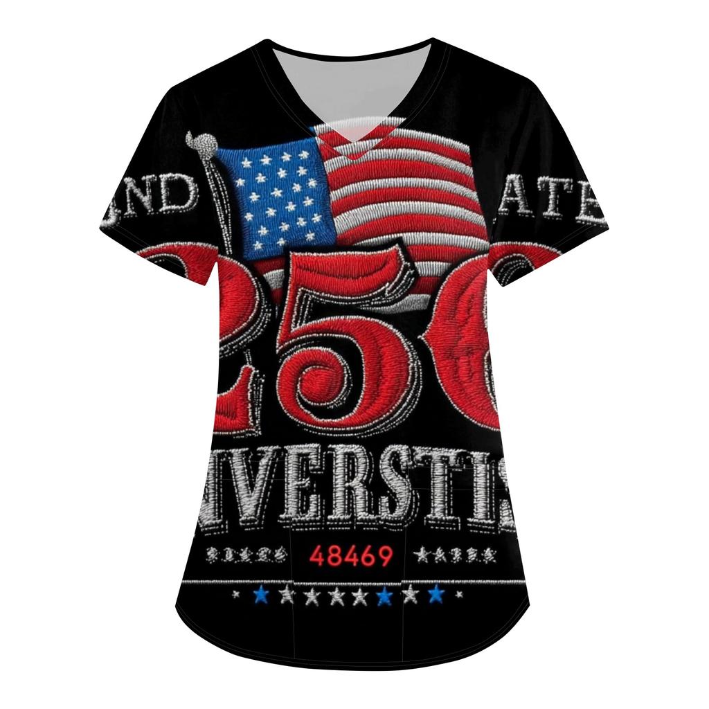Women's Independence Day Printed Loose V-Neck Pocket Short-Sleeve Caregiver/Uniform