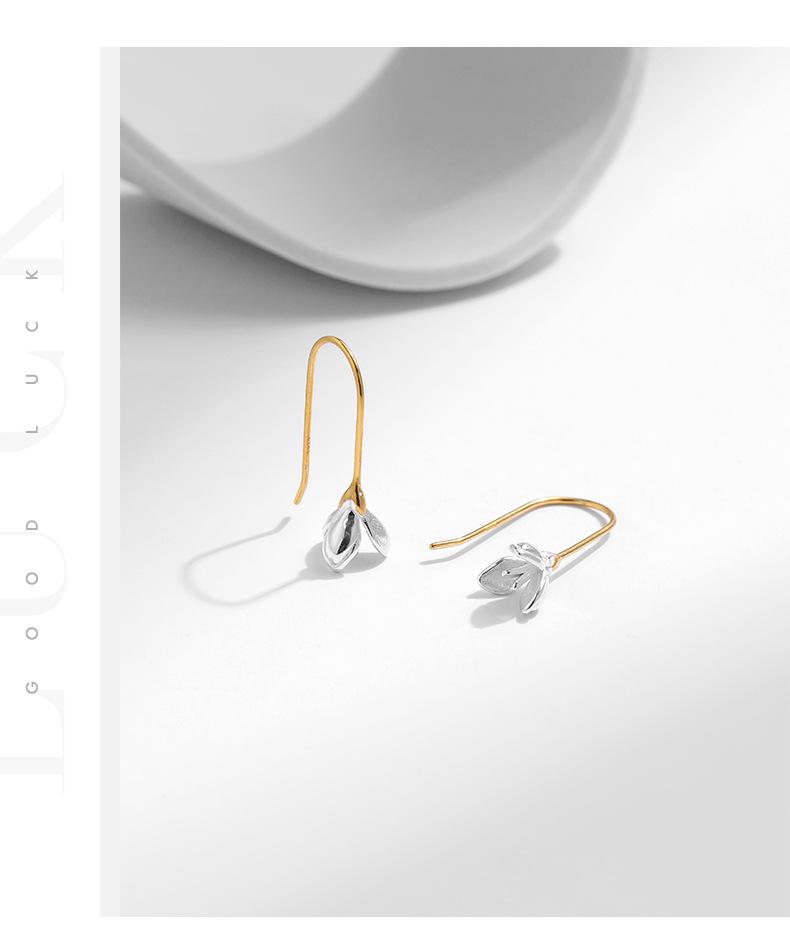 Sterling Silver Magnolia Ear Hook Earrings - Niche Design, Fresh and Sweet Studs