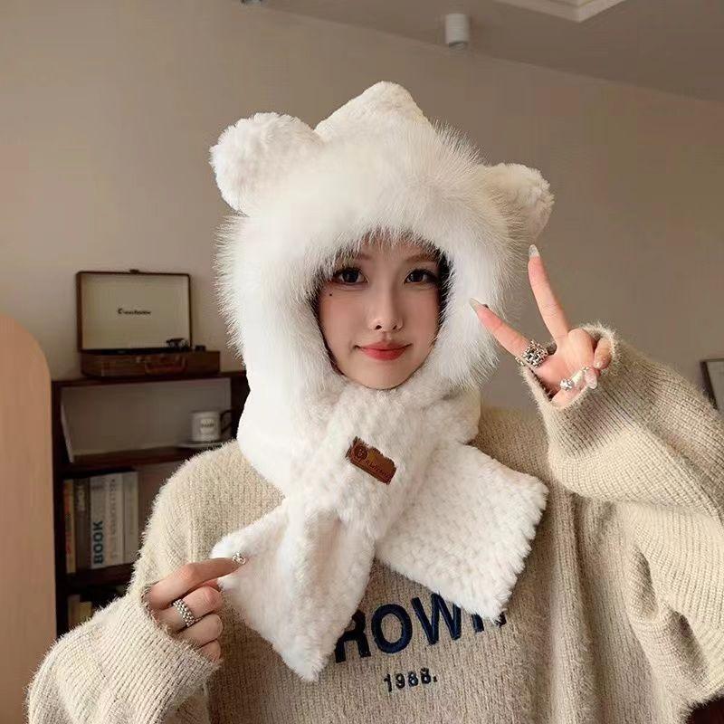 Cute Little Bear Scarf Hat Fashion Woman Warm One Piece Hat Winter Skiing and Cycling Comfortable Warm Hooded Mask Plush Hat