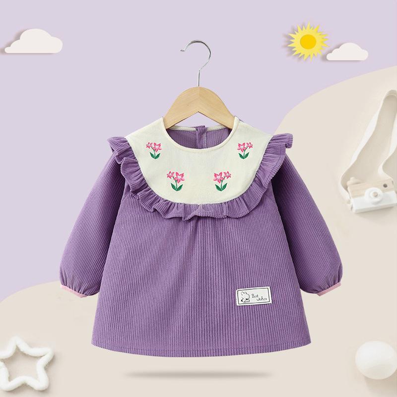 Waterproof Corduroy Smock Bib for Girls - Autumn/Winter Stylish Reversible Design
