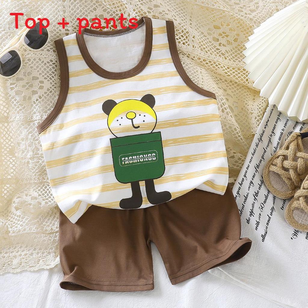 Baby Summer Cotton Sleeveless Shorts Set With Cartoon Prints For Toddler Boys And Girls