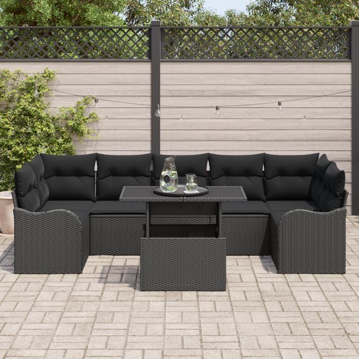 8-piece Garden Sofa Set with Black Rattan Cushions, 2-seater Garden Sofa with Black Rattan Cushions 3348419