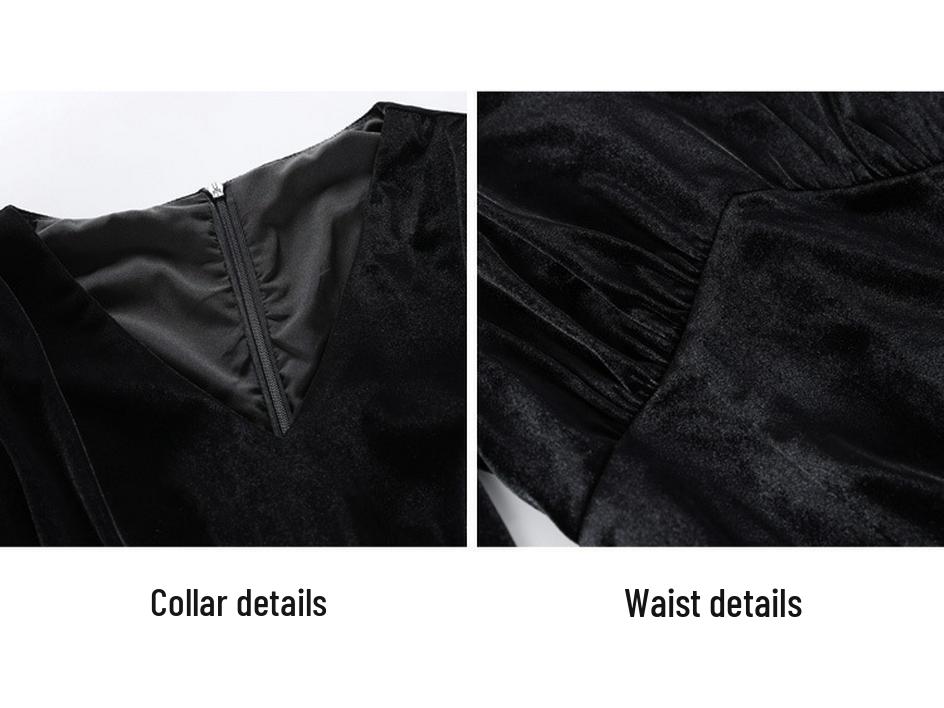 Genuine Velvet V-Neck Slim Long Dress for Women - French Chic Style