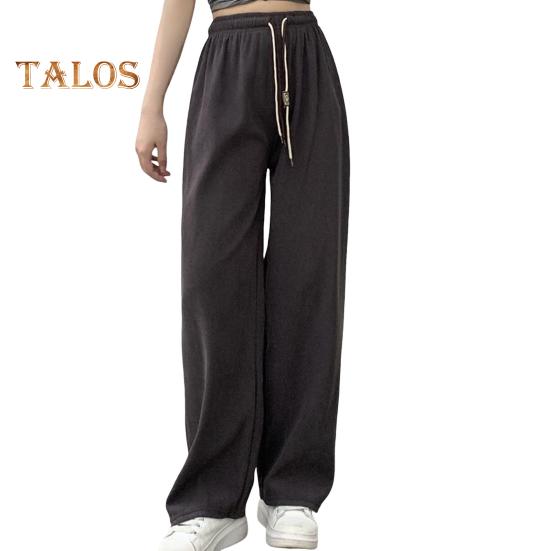 Pantaloni pentru femei cu talie înaltă elastică, cu șnur ajustabil, pantaloni lungi, culoare uni, drepte, cu picior lat, pantaloni ocazionali, ținute zilnice