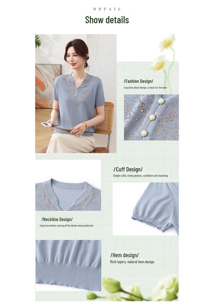 Chic Summer Ice Silk T-Shirt for Stylish Moms - 2026 Fashion Knit Top for Middle-Aged & Elderly Women