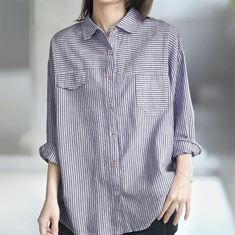 ZANZEA Camicetta da donna casual a maniche lunghe, larga, a righe classiche, con colletto rovesciato