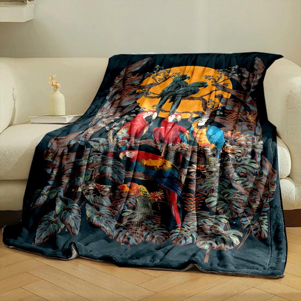 Colorful parrots perched on branches with tropical foliage and a sunset. for all seasons blanket lunch break throw gift