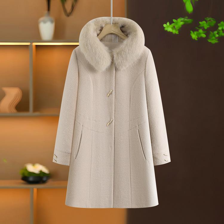 Maminčin zimní kabát s plus sametem, zesílený vlněný kabát, dámská bunda proti větru s kapucí pro ženy středního věku, středně dlouhý zimní oblek