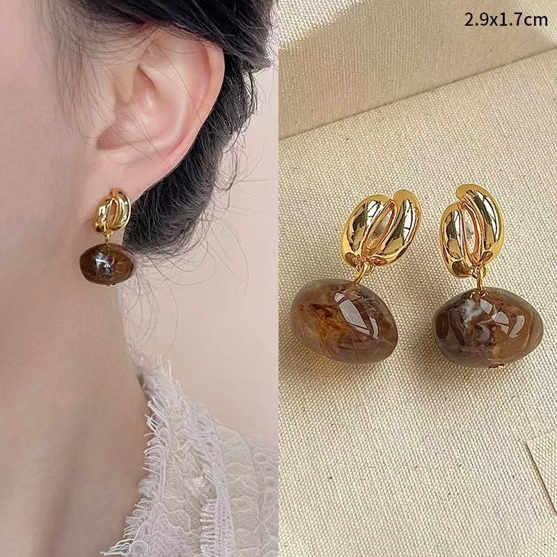 Maillard Amber Tiger's Eye Stone Earrings Women's Autumn and Winter Unique Stud Earrings Niche Earrings
