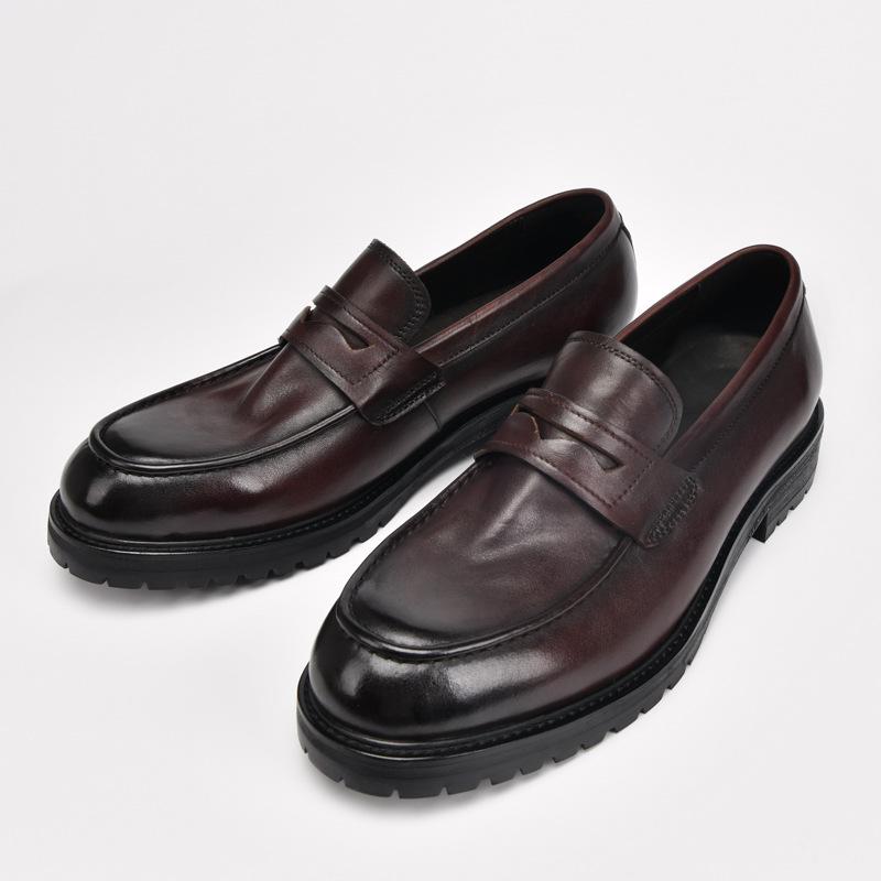 

Туфли из мытой кожи, кожаные туфли высокого качества в стиле ретро для мужчин из коровьей кожи с большим задником, круглой головкой, толстой подошвой, увеличивающей высоту, туфли-дерби 44 темно-коричневого