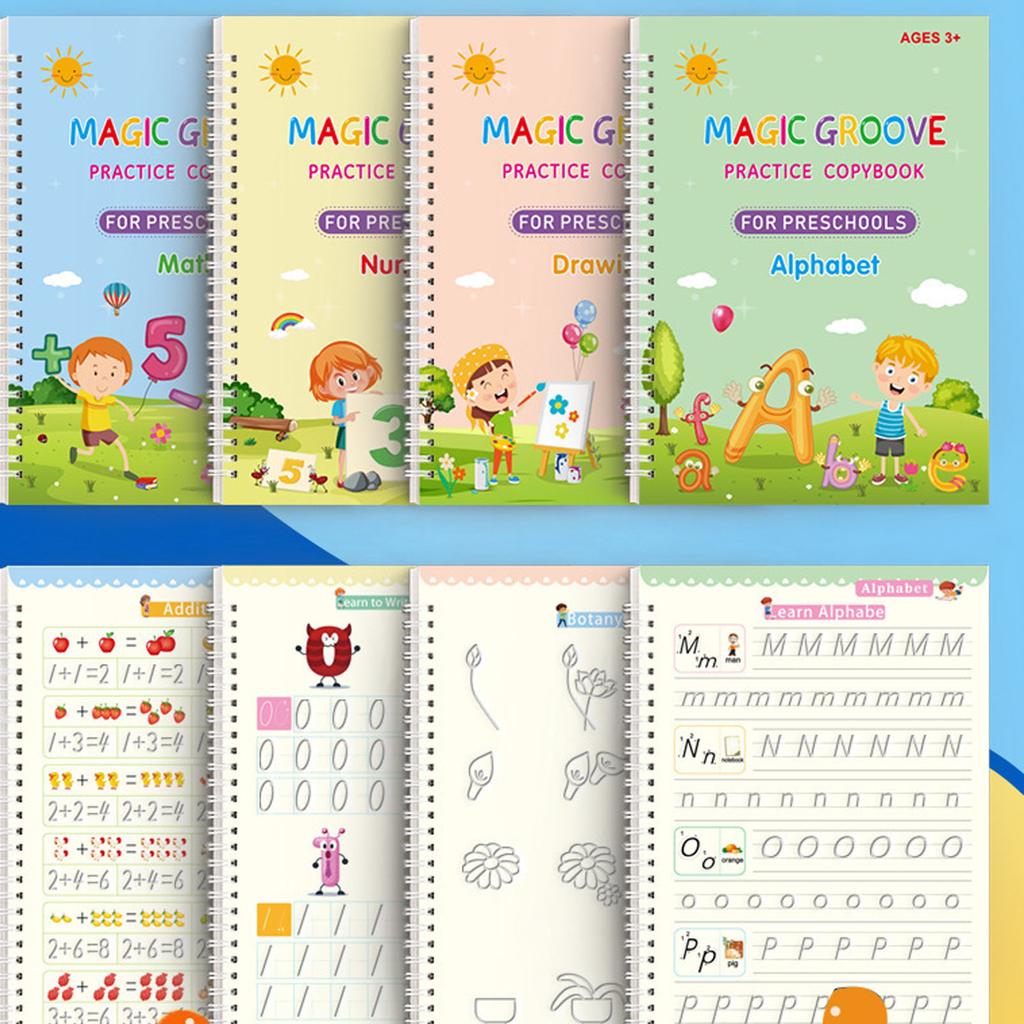 Reusable Handwriting Practice Book Copybook for Kids Reusable Writing Practice Notebook with Fading Ink Pen Grip Helper Spiral Binding for 3-8 Years O