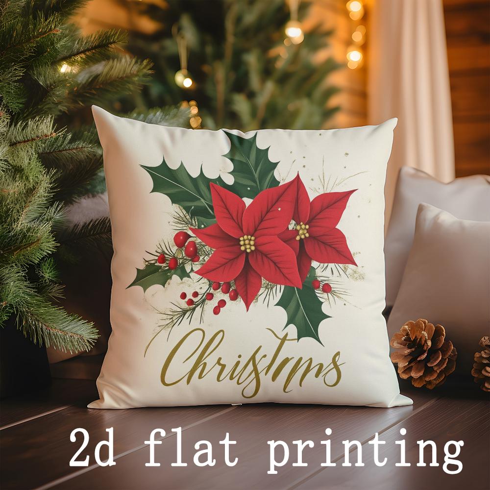 1pcs/4pcs- Christmas Poinsettia Decorative Pillow Covers Set , Square Pillow Cover, Modern Sofa Decorative Cushion Cover