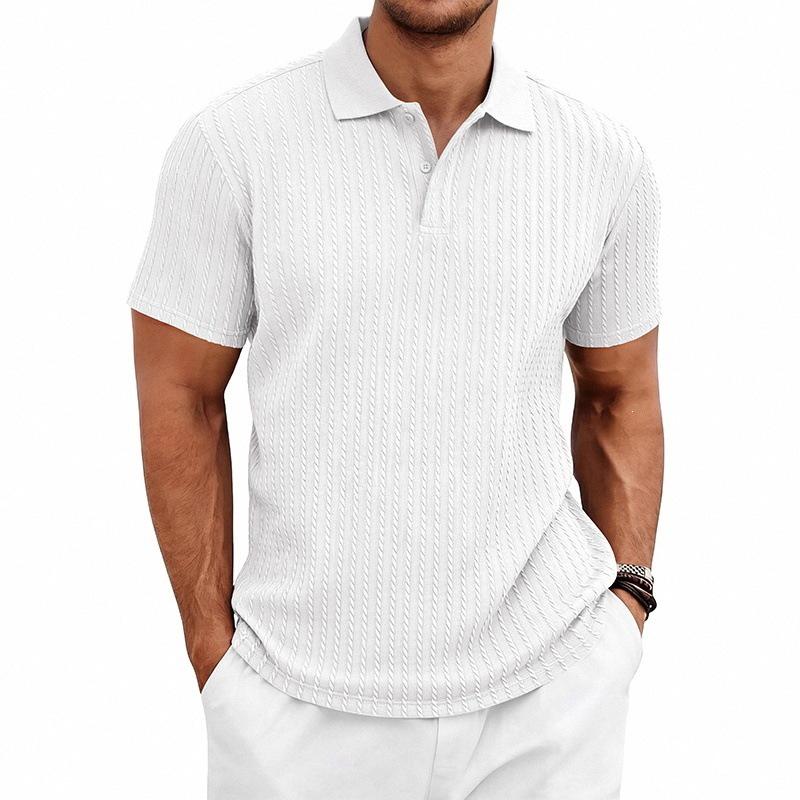 Men's Textured Vertical Stripe Polo Shirt - Summer Short Sleeve Lapel Tee, Breathable & Casual