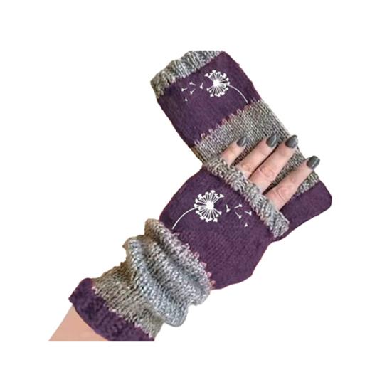 Knitted Fingerless Gloves Women Color-Block Knit Gloves Half-Finger Warm Gloves with Embroidered Dandelion Pattern for Texting Typing Writing