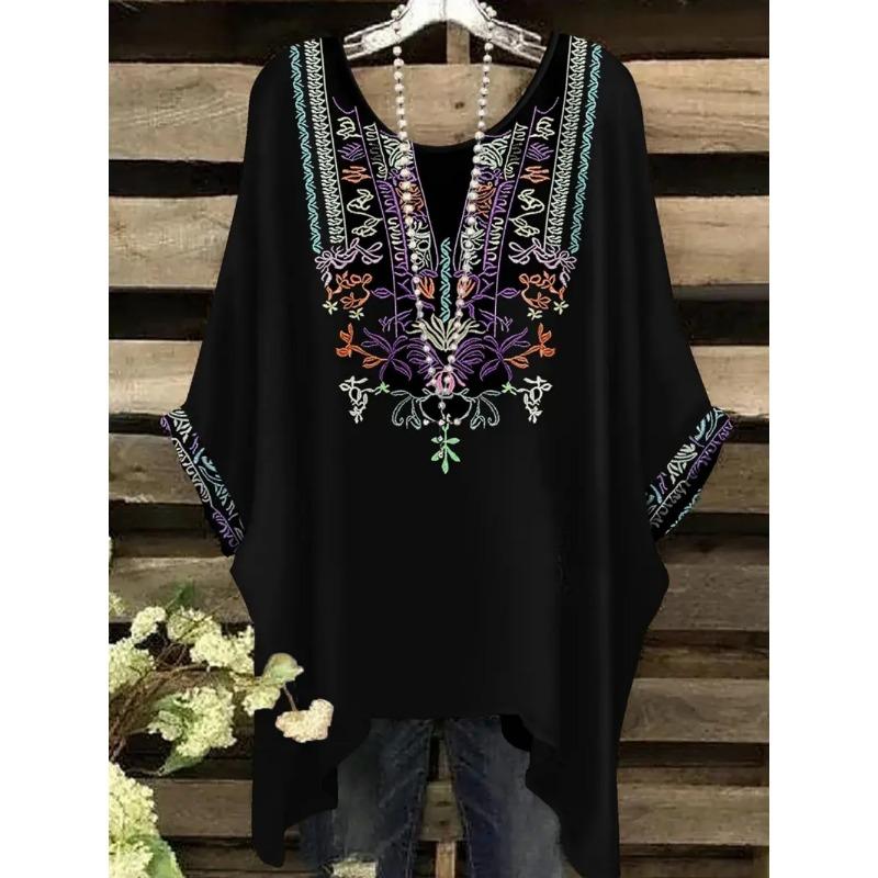 Camisetas Oversize Estilo Bohemio Chic Estampado Étnico Vintage Sencillo Dobladillo Irregular Cuello Redondo Top para Mujer Moda Versátil Ropa de Mujer