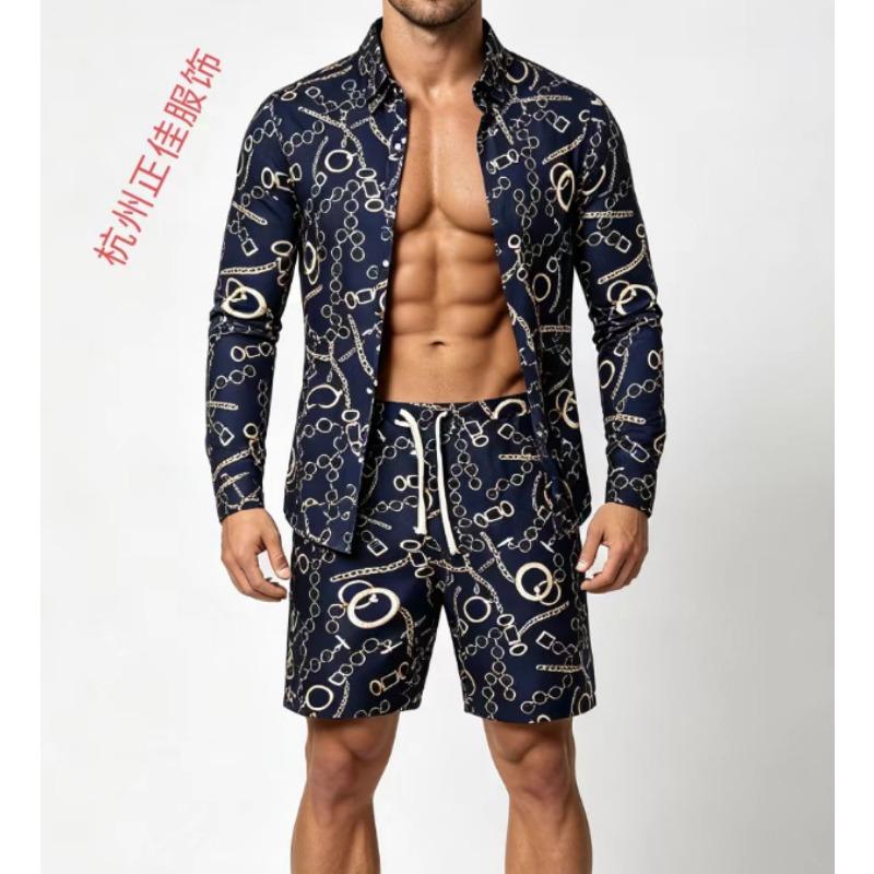 Mens 2 Piece Baroque Print Long Sleeve Shirt And Shorts Set