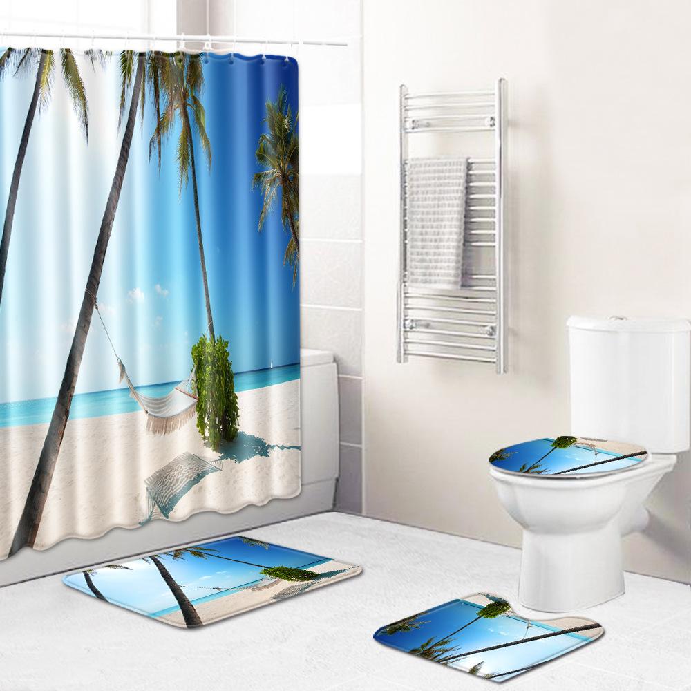 Beach Shower Curtain Floor Mat Combination Four-Piece Set Bathroom Toilet Carpet Shower Room Mat Foot Mat