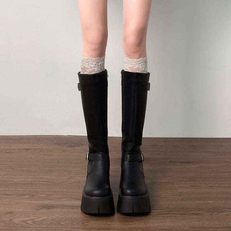 Classics Black Women'S Boots Height Increasing Knee-High Long Boots Women Belt Buckle Side Zip Round Toe Wedge Platform Shoes