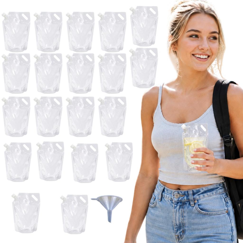 Disposable Transparent Stand Up Drink with Spout 20 Pack with Funnel for Beverage Bags