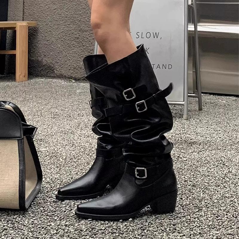 0000 autumn and winter new big tube heap boots thick heel pointed belt buckle high knight boots Spice girl wide tube boots