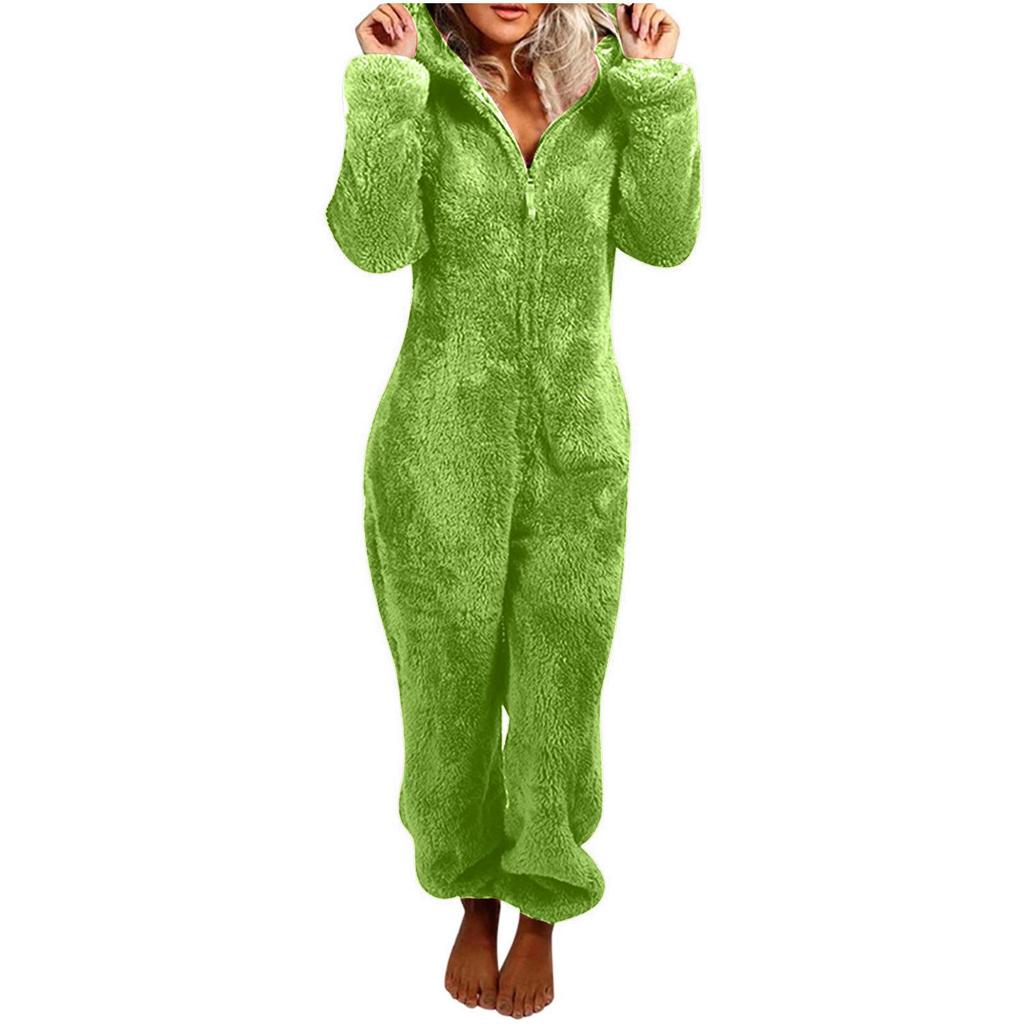 2025 European & American Autumn/Winter Women's Fleece-Lined Fur Jumpsuit Pajamas, Hooded, Available in 17 Colors