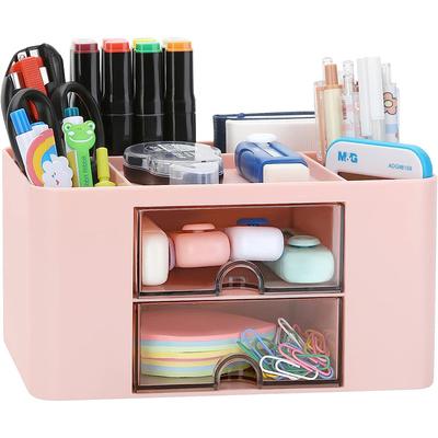 Organizador de Escritorio Con 2 Cajones, Caja de Almacenamiento de Plástico para Bolígrafos, Lápices, Tarjetas de Escritorio, Oficina, Tocador