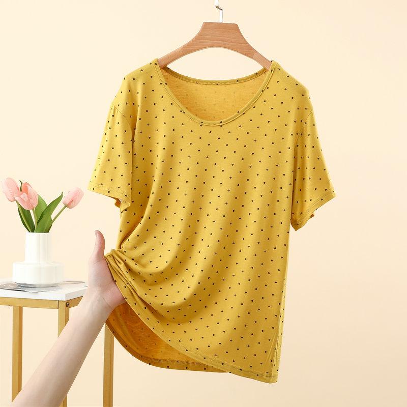 

Summer Women s Modal O-Neck T-shirt Lighweight Polka Dot Short sleeved Tshirts Loose Homewear Tee Tops Comfort Loungewear 2XL жовтий