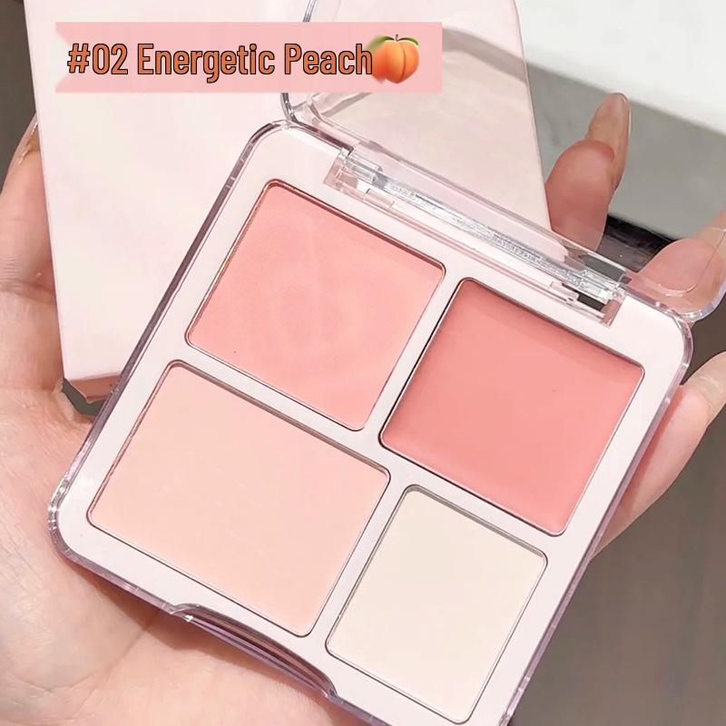 Korean Style 4-Color Blush & Highlight Palette: Matte & Shimmer for Dimensional Contouring and Face Brightening.