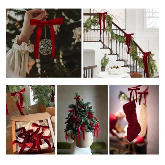 2 szt. Aksamitne kokardy świąteczne Dekoracja 5" x 10" Kokardy z vintage wstążki Ozdoba na choinkę na drzewko Domowe przyjęcie Wieniec Dekoracja świąteczna