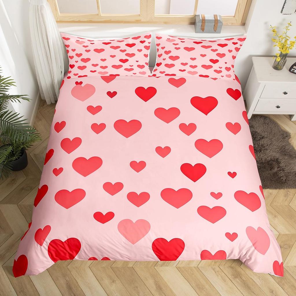 Colorful Love Heart Comforter Cover Queen Pink Black Bedding Set Romantic Duvet Cover Valentine's Day Quilt Cover with Zipper