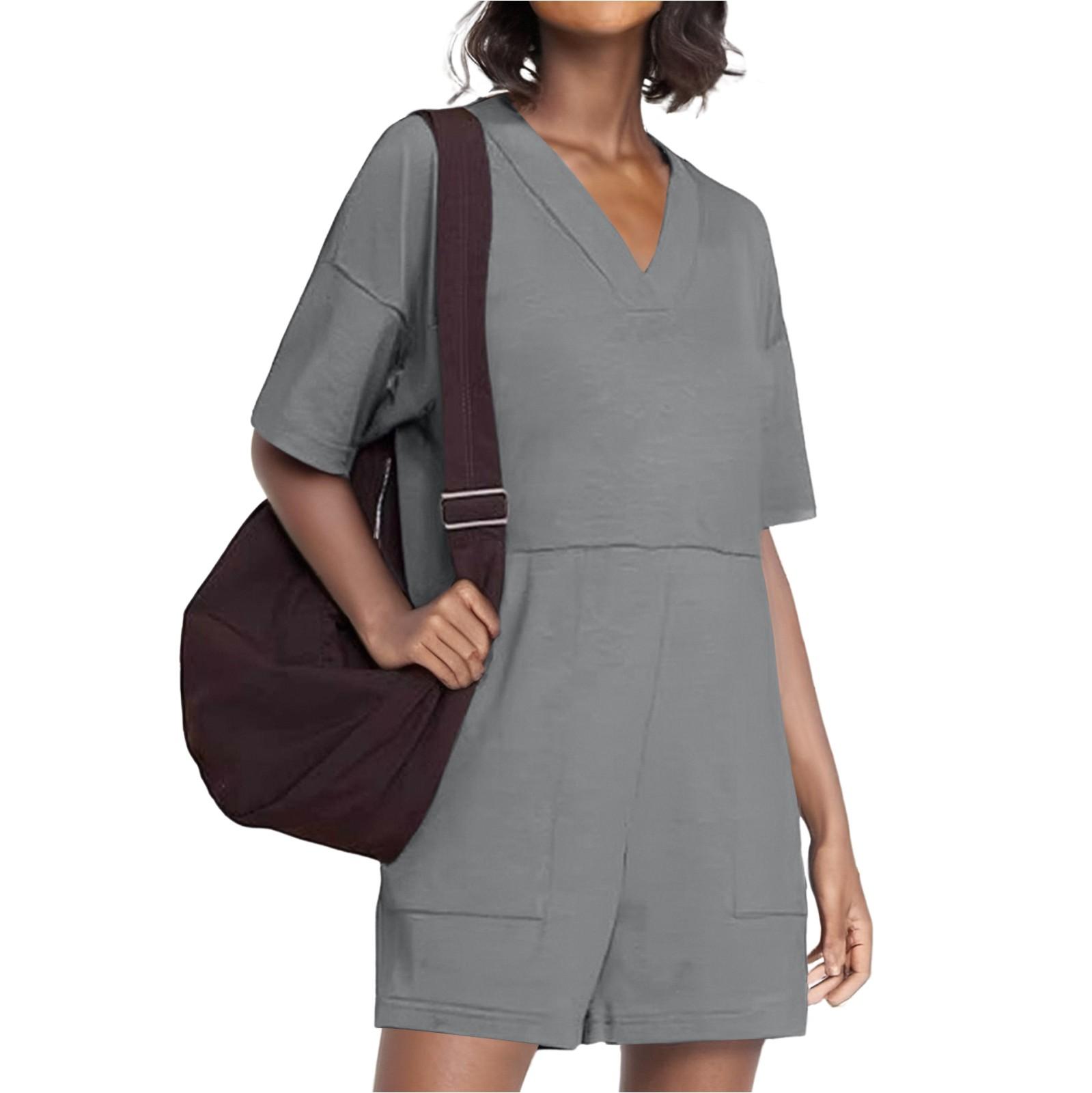 

Женские однотонные шорты больших размеров с V-образным вырезом, свободными карманами и короткими рукавами, комбинезон, шорты XXL